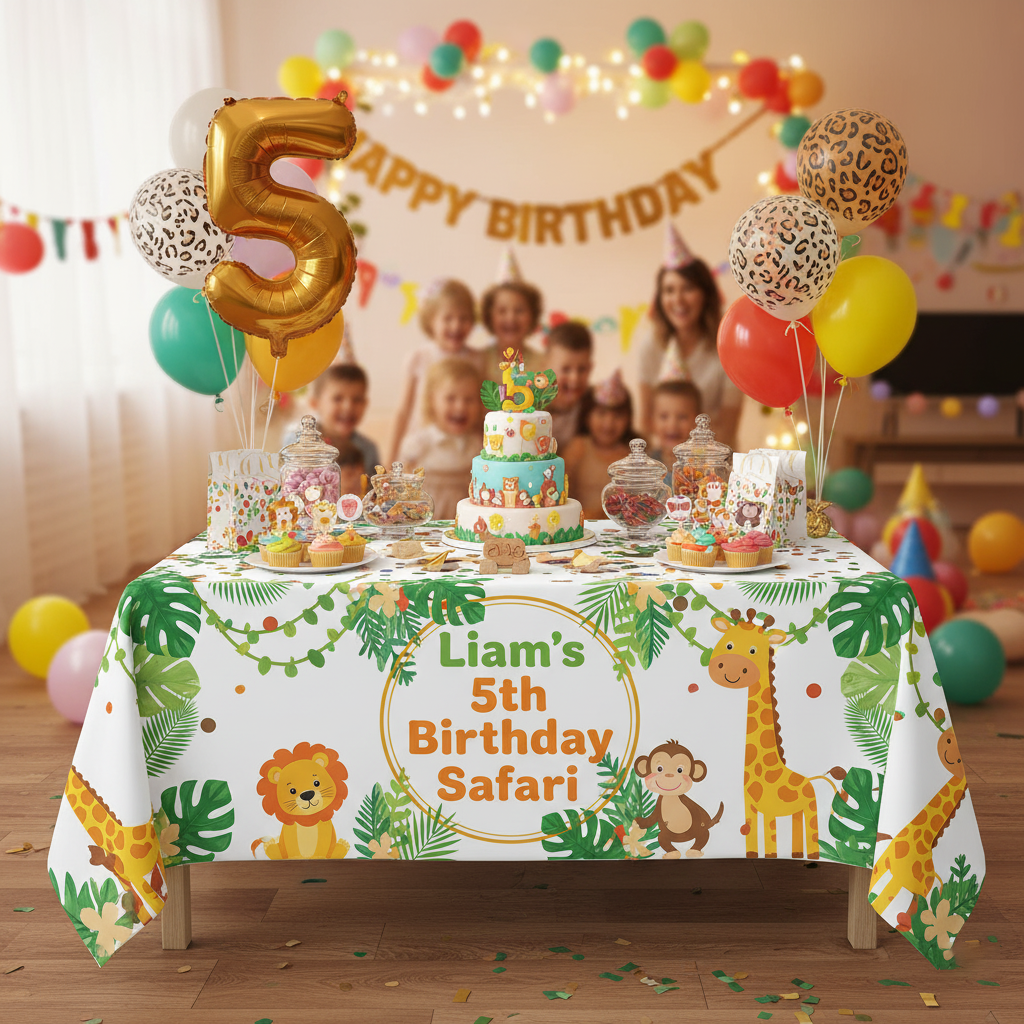 Birthday Parties – Add names or themes for personalized party decor Custom Tablecloth for Birthday Parties | Personalized Table Covers with Logo, Name & Theme Design | Custom Printed Party Tablecloths USA - Image 1