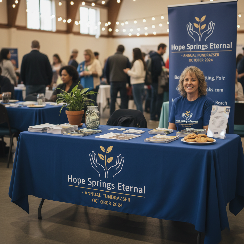 Charity & Fundraising Events – Promote causes with custom-printed table throws Custom Tablecloth for Charity & Fundraising Events | Personalized Logo Table Cover to Promote Your Cause - Image 1