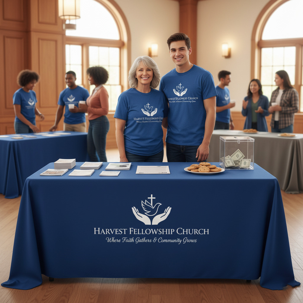 Church Events & Religious Gatherings – Display organization names or messages of faith Custom Tablecloth for Church Events & Religious Gatherings – Personalized Table Covers with Faith Messages & Organization Names - Image 1