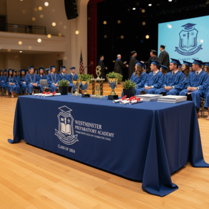 Custom Tablecloth for Graduation & School Ceremonies – Printed School Logo Tablecloths for Awards Tables
