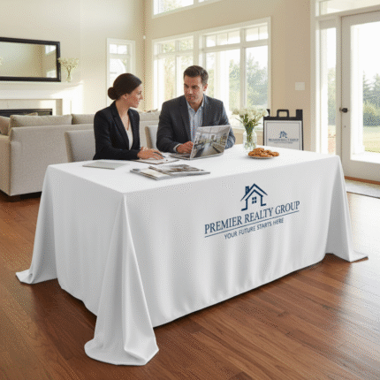 Custom Tablecloth for Real Estate Open Houses – Professional Table Covers with Agency Branding