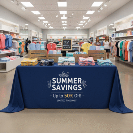 Custom Tablecloth for Retail Store Displays – Perfect for Promotions, Seasonal Sales & Brand Showcases