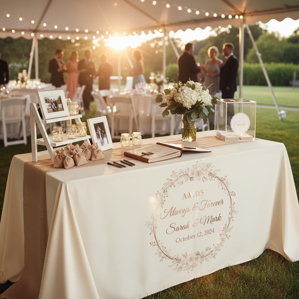 Wedding Receptions – Elegant, personalized table covers for gift tables or guest books Custom Tablecloth for Wedding Receptions | Elegant Personalized Table Cover for Gift & Dessert Tables - Image 1
